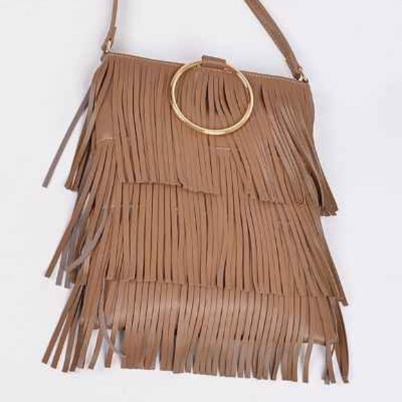 Fringe Tiered /Tassel/ Gold Hoop / Boho Style Crossbody/ Retro 70s - Brown - NWT